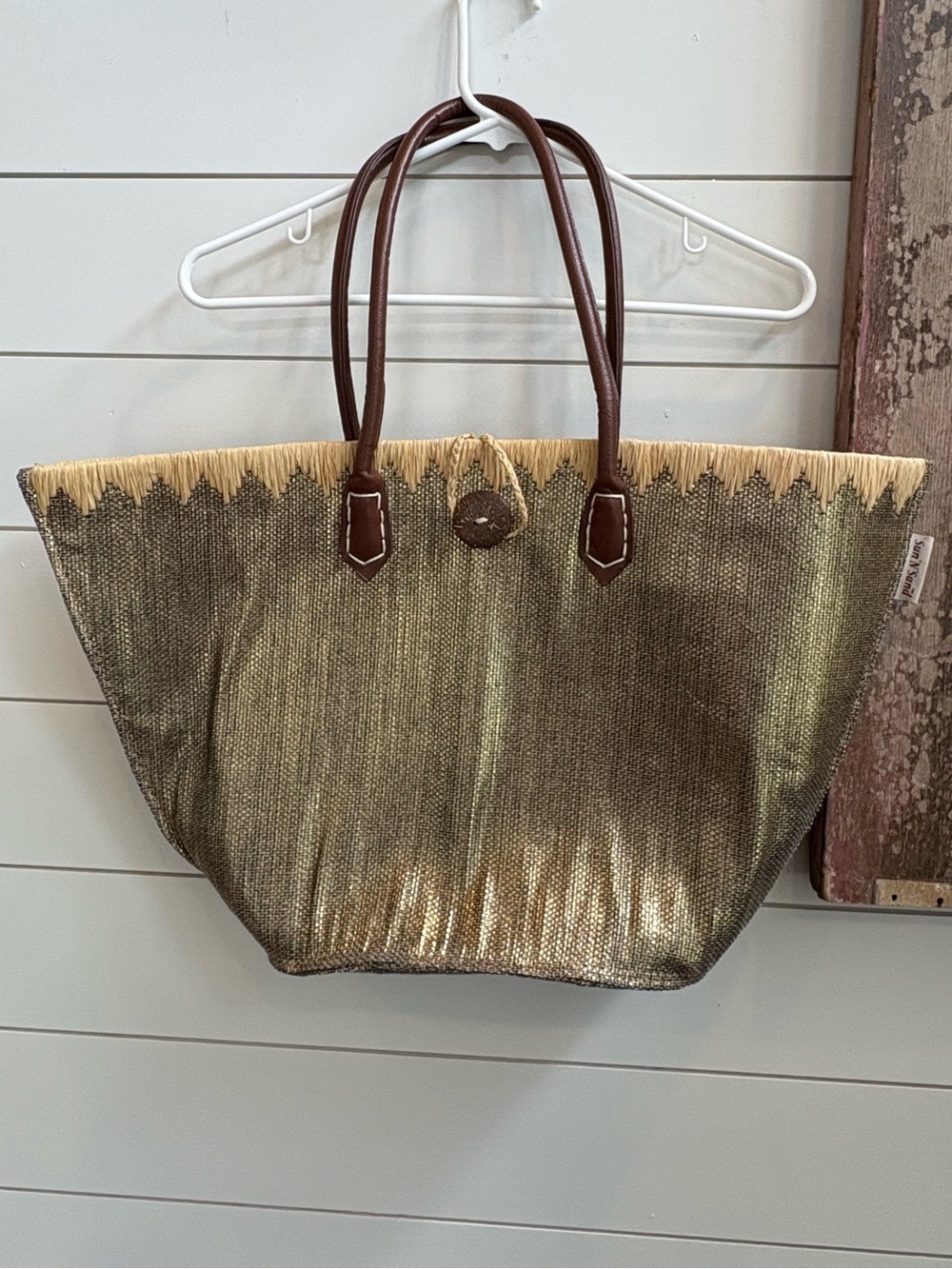 Metallic Olive Straw Tote with Brown Handles by